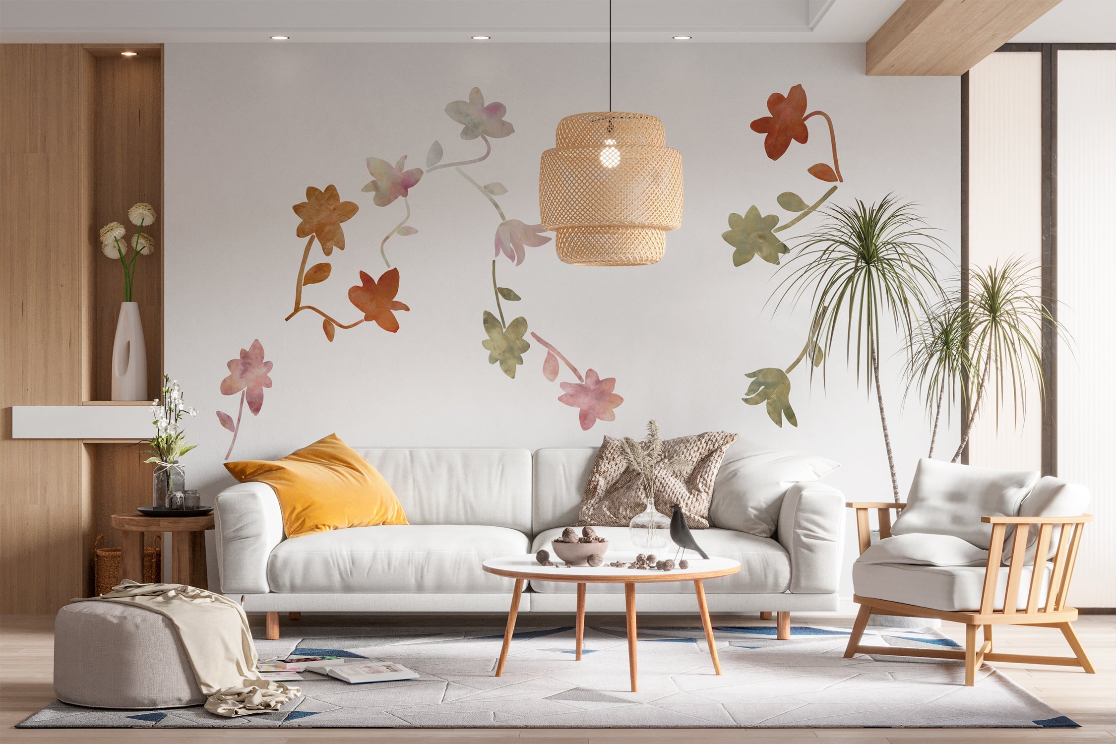 Vægdekoration til stuen. Selvklæbende blomstret tapet i rød, guld og pink.