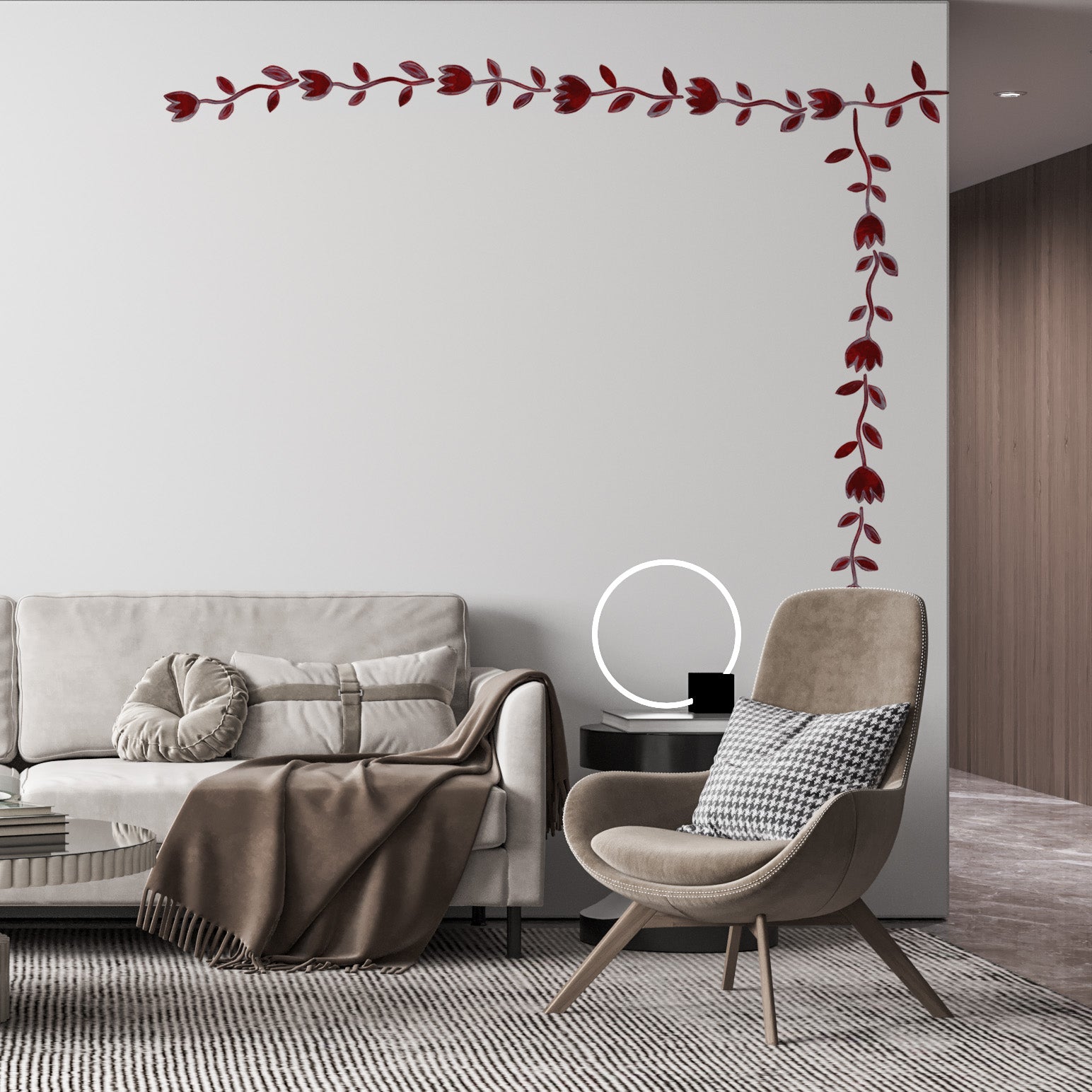 vægdekoration i stue med røde roser