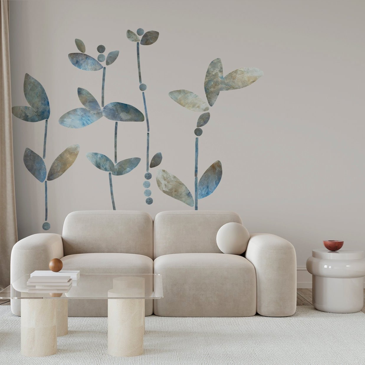 vægdekoration stue med blå blade