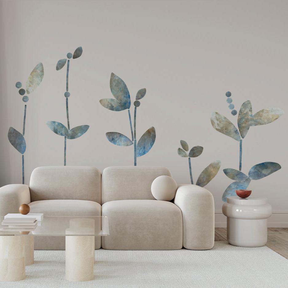 blå blade vægdekoration I stue