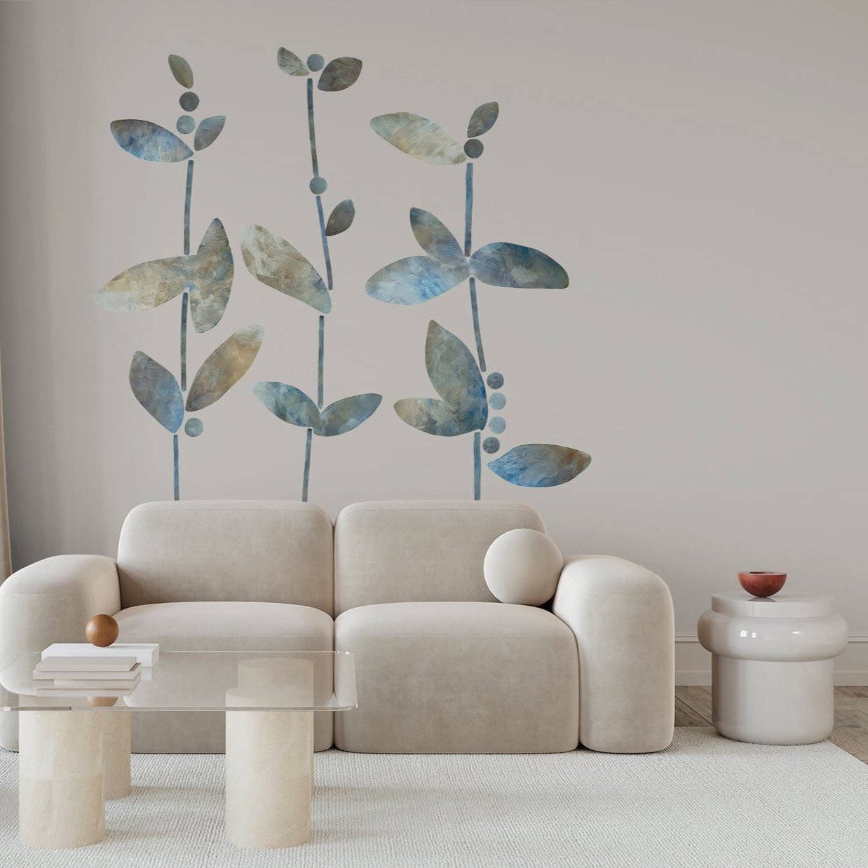 blå blade vægdekoration stue