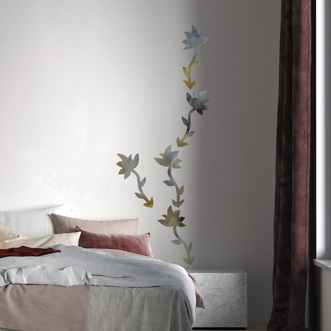 vægdekoration til soveværelset. tapet blomster i soveværelse.