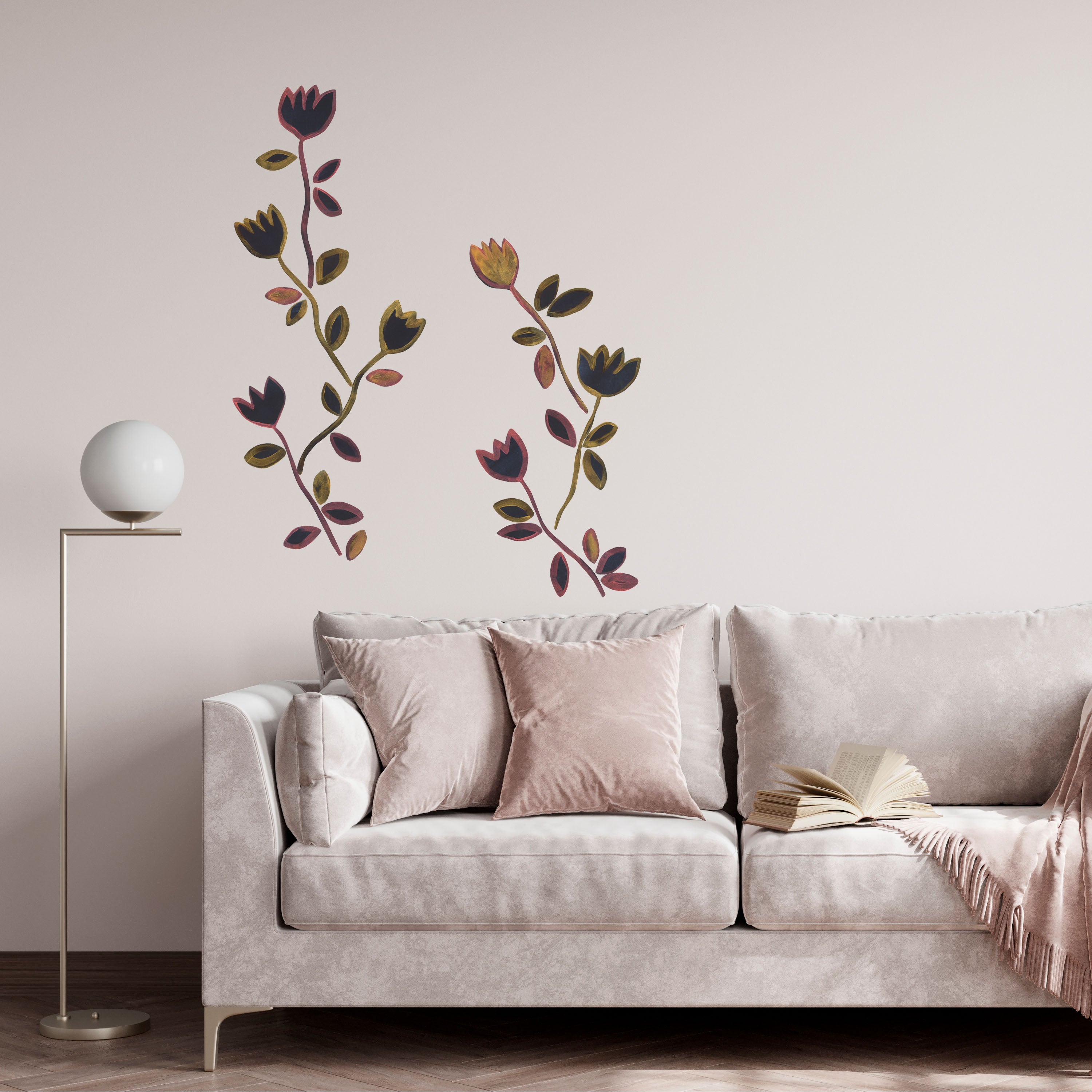 blomster vægdekoration til stuen. sort blomster tapet