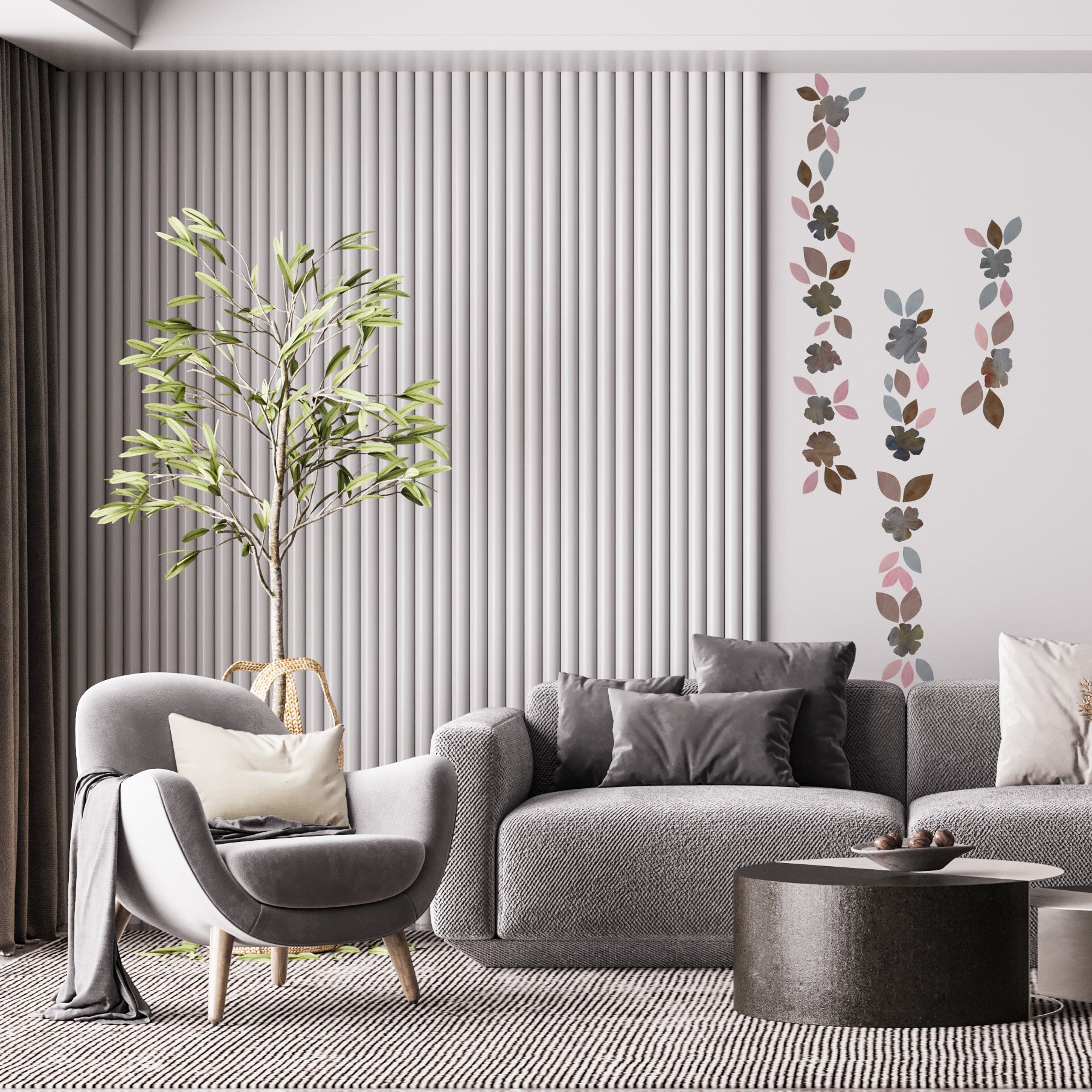 vægdekoration i stue. blomster og blade i ranker