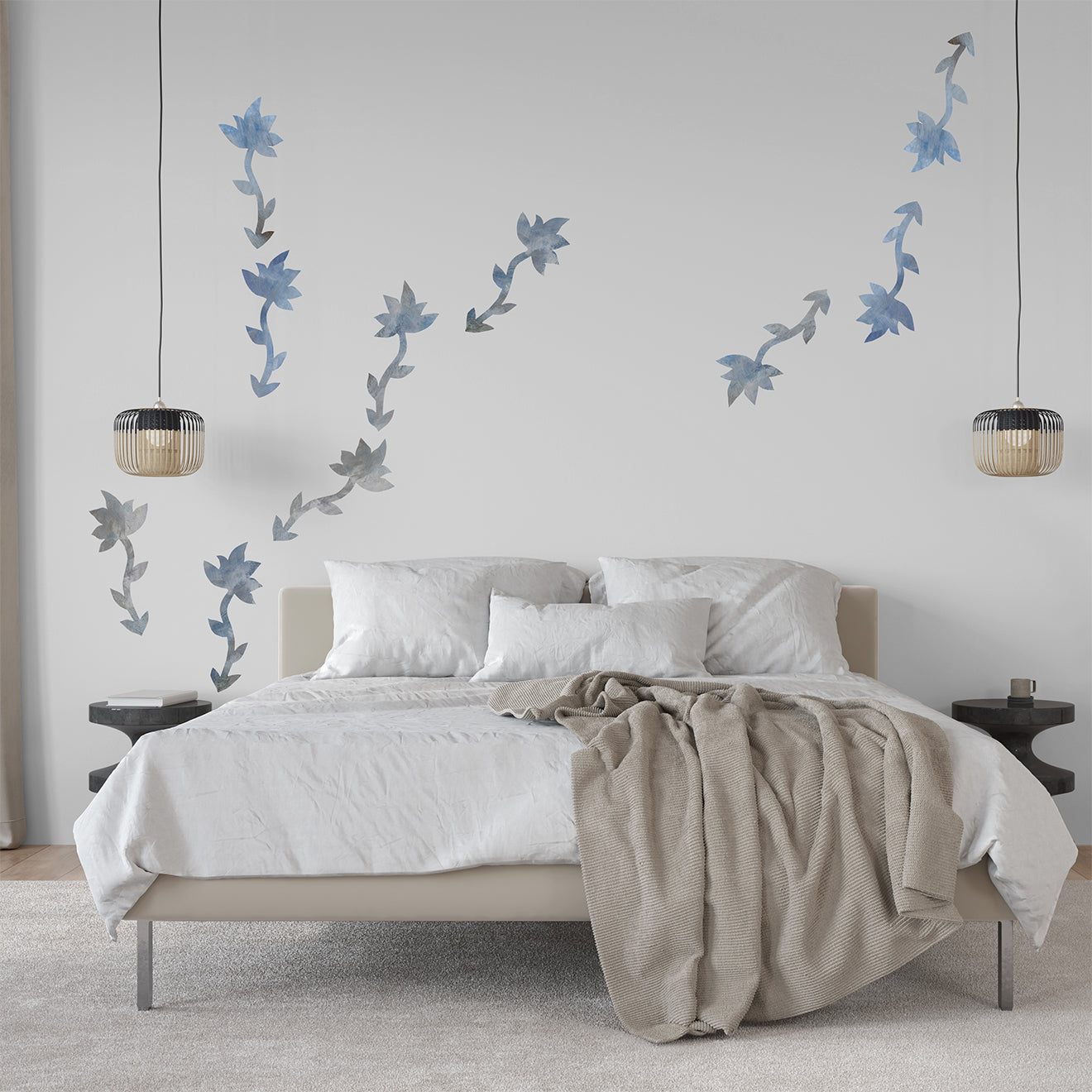 vægdekoration til soveværelset med blå blomster