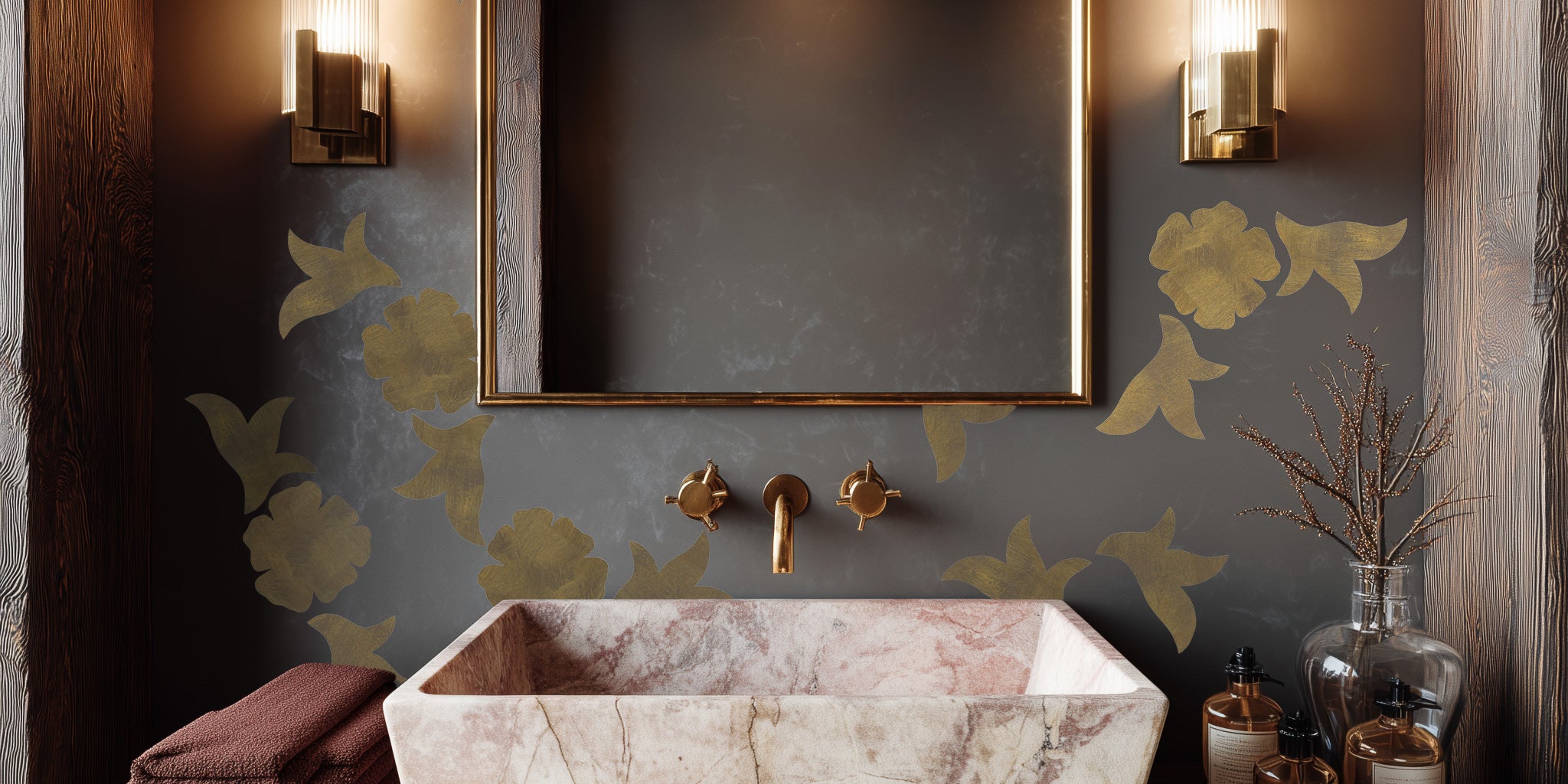 gold flower wall decals in bathroom