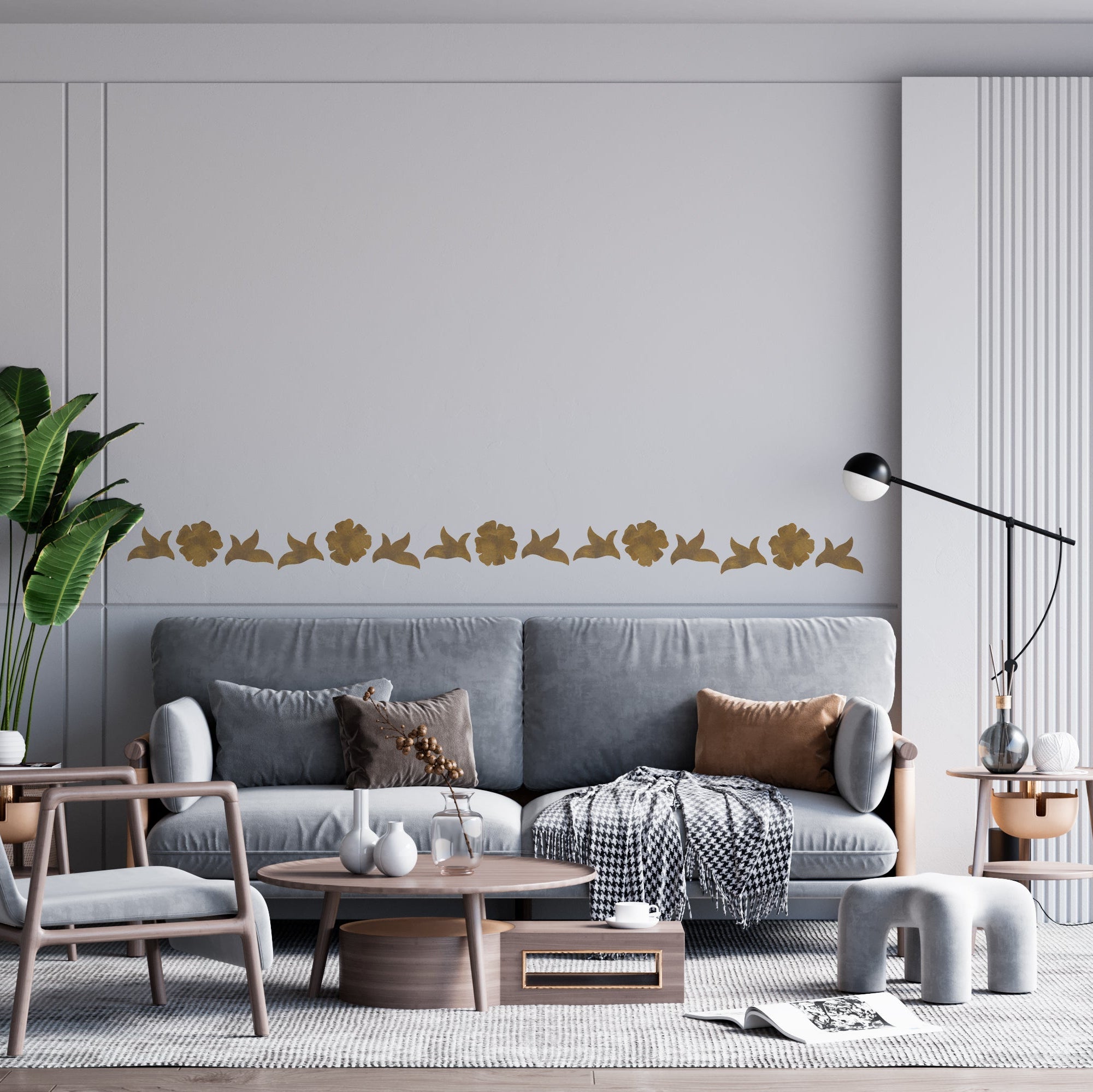 elegant brun og guld blomstret tapetbort i stue