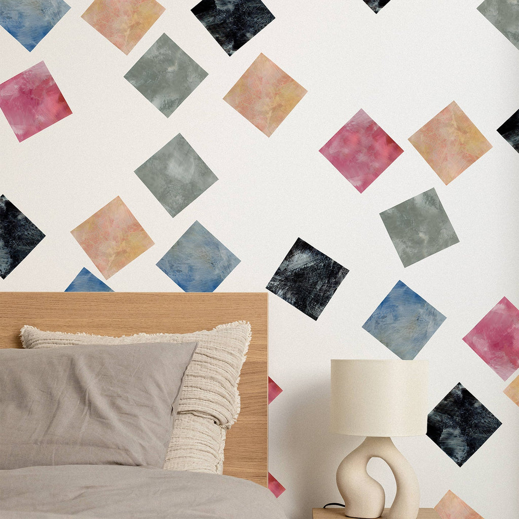 funky checkered wall art in bedroom. colourful square wall stickers