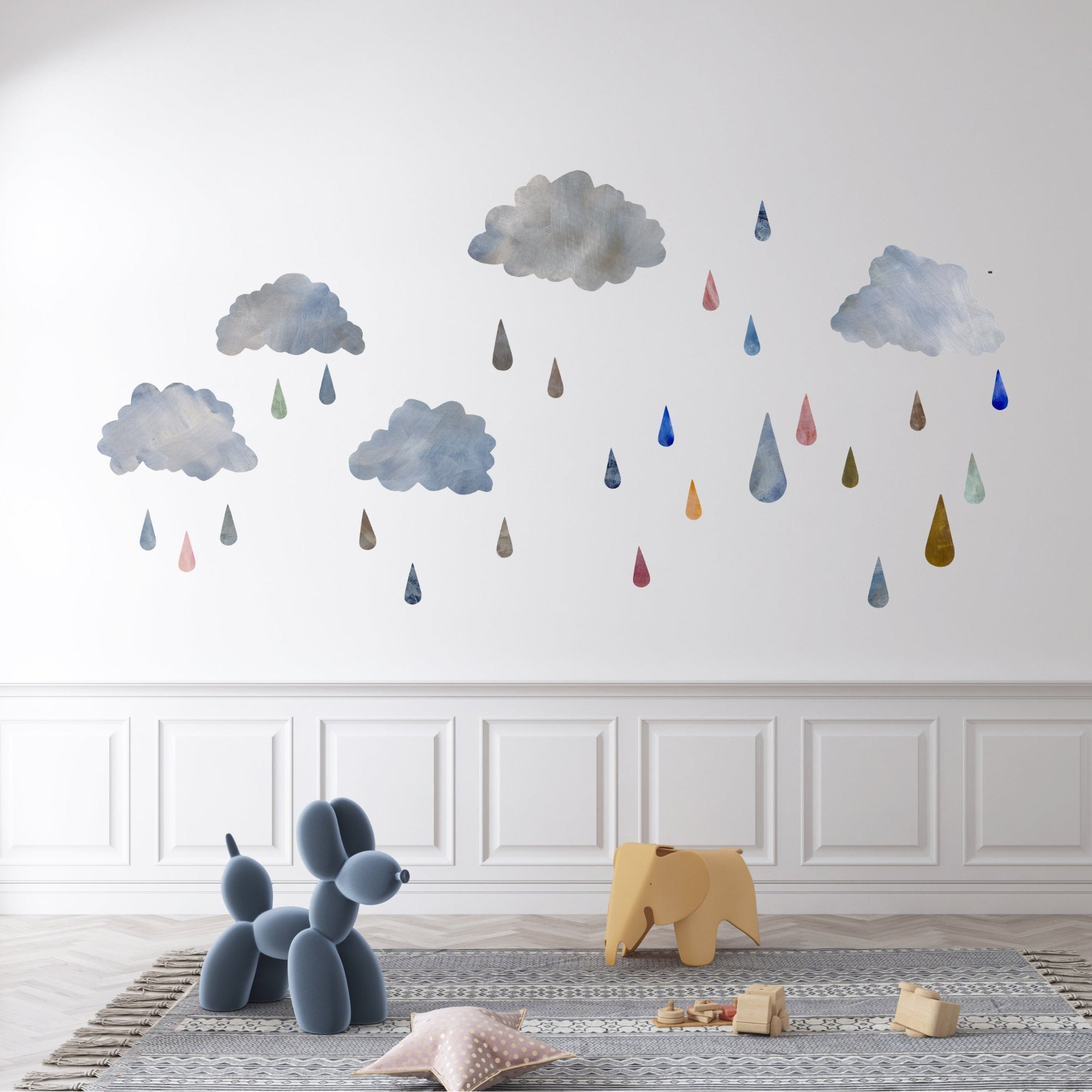 clouds and colourful rain drop wall stickers in nursery