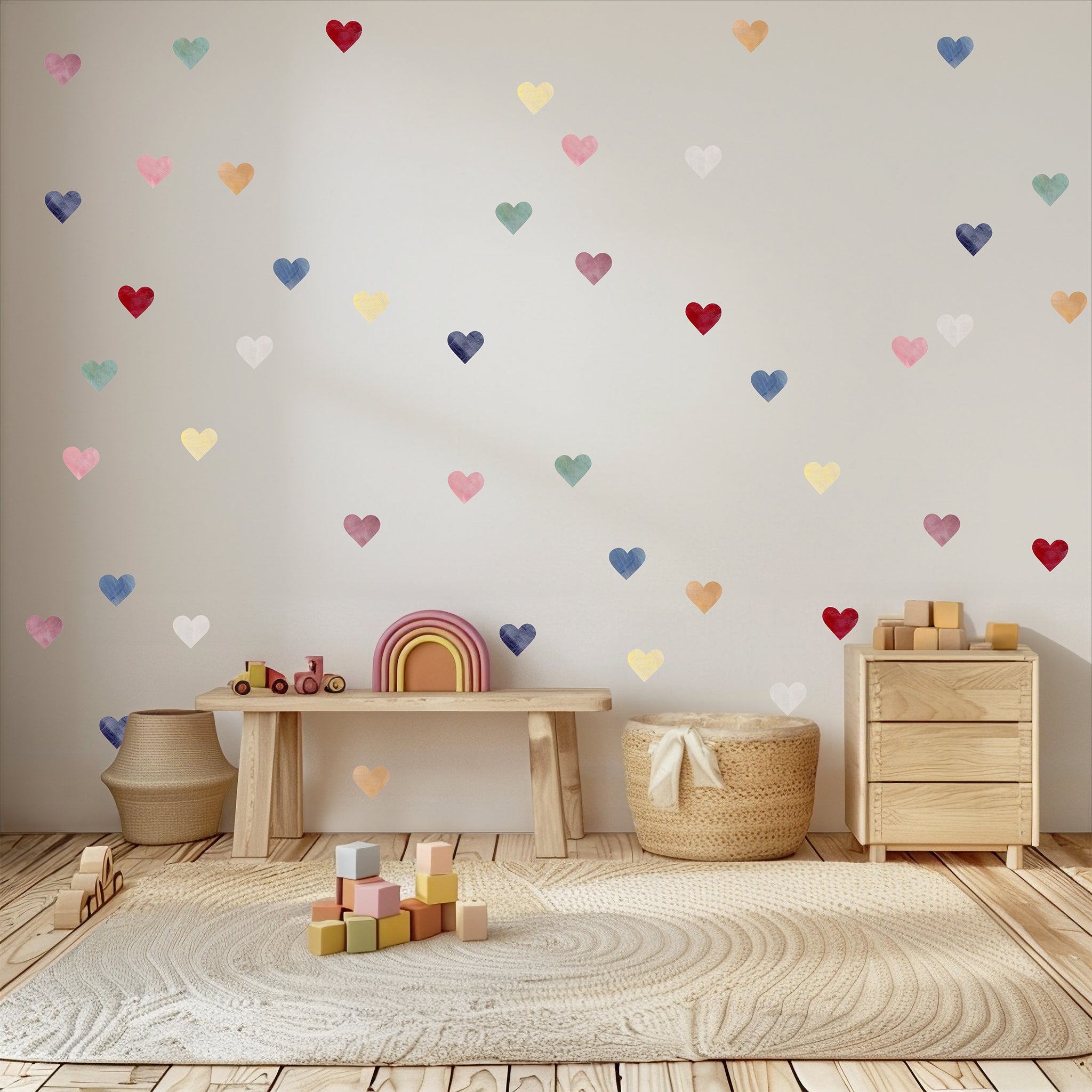 colourful heart wall decals in beige girl nursery