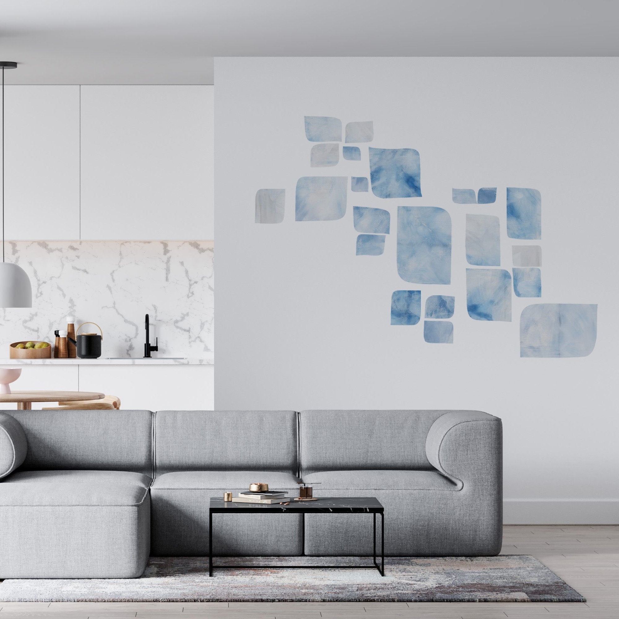 Vægdekoration til stuen. Blå. Geometrisk blåt tapet i stue.