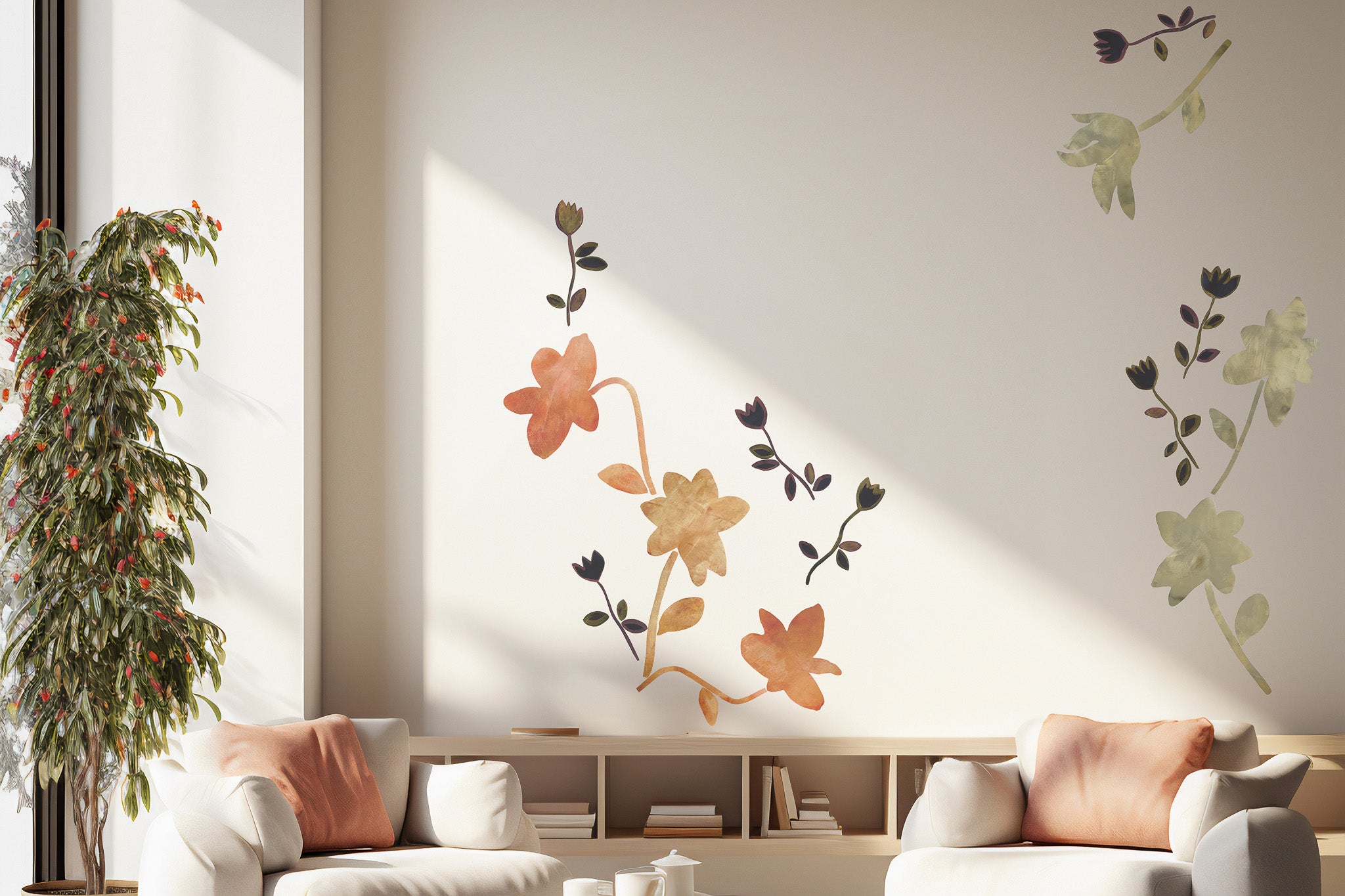 stor selvklæbende vægdekoration af håndmalet tapet med blomster i guld, rød og sort. elegant og moderne indretning i varme nuancer med beige og røde toner.