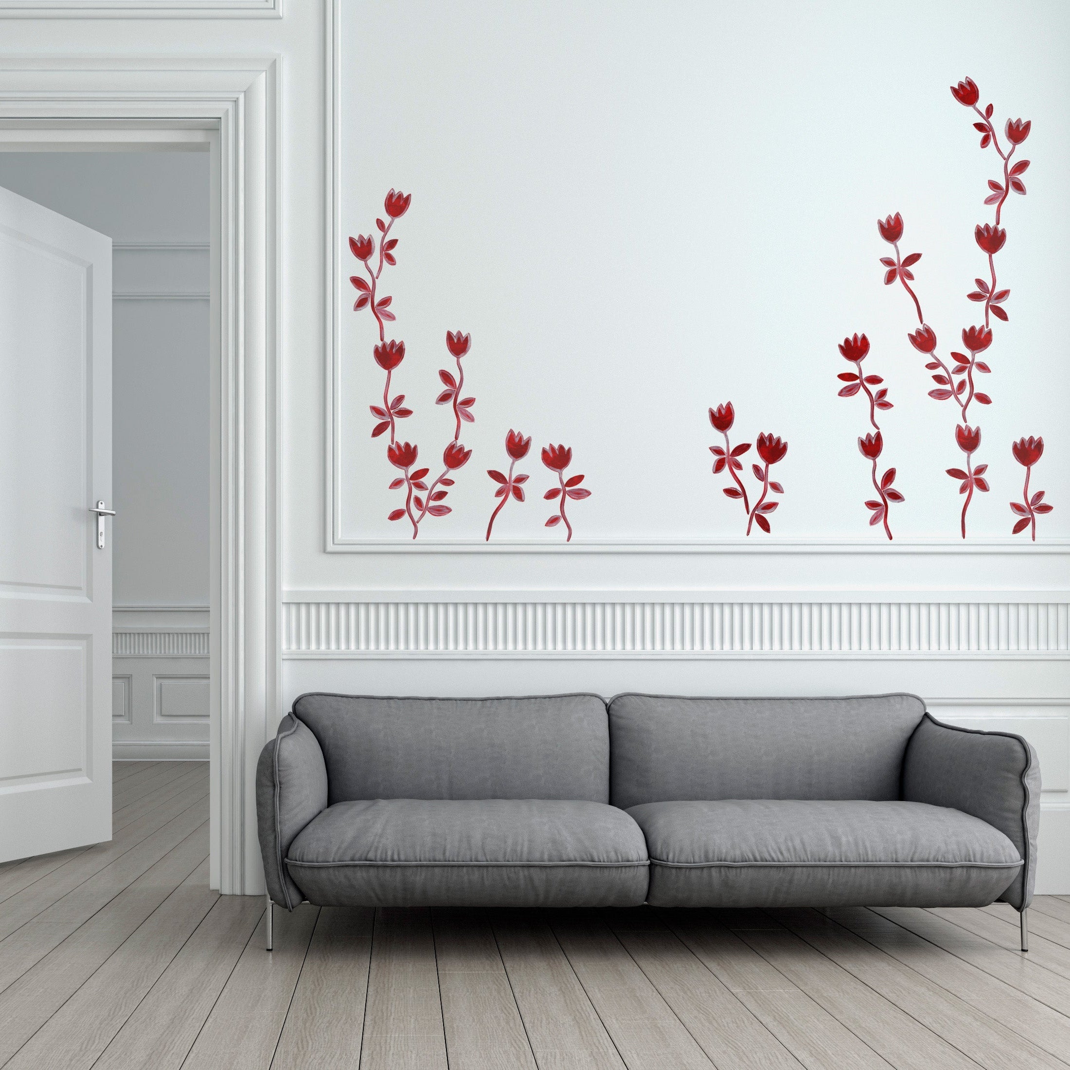 hand painted red flower mural in living room