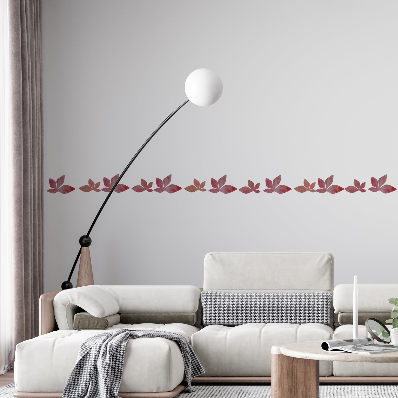 red wallpaper border in living room