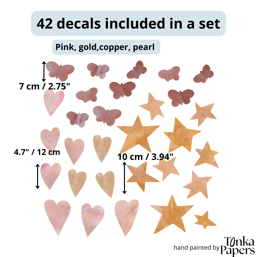 sæt wall stickers med hjerter, stjerner, sommerfugle