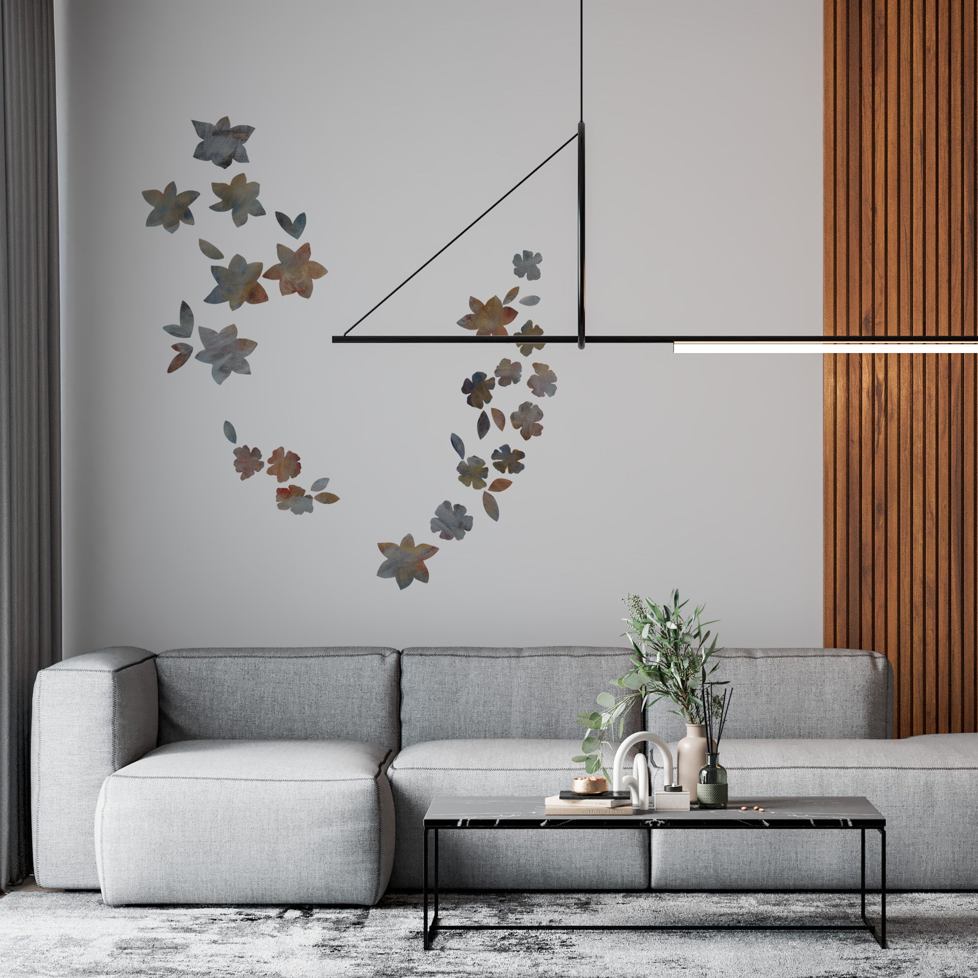 vægdekoration til stuen- sort blomtret tapet