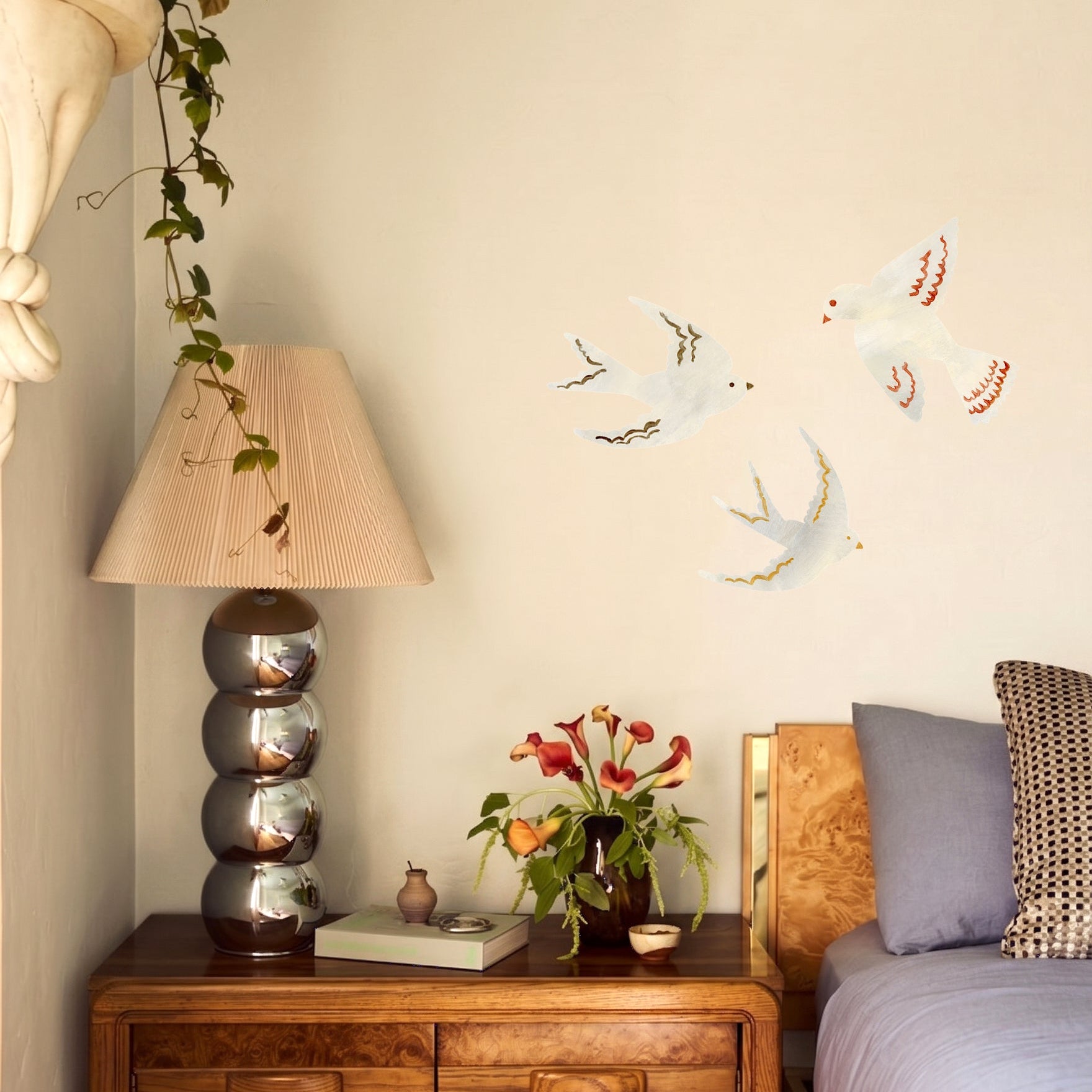 bird wall art in boho bedroom