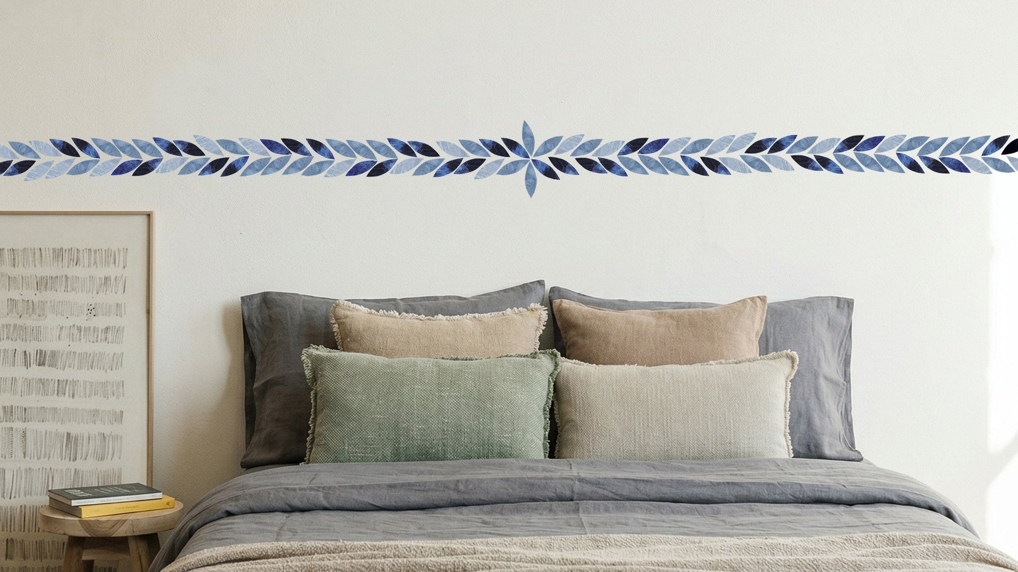 blue peel and stick wallpaper border in bedroom