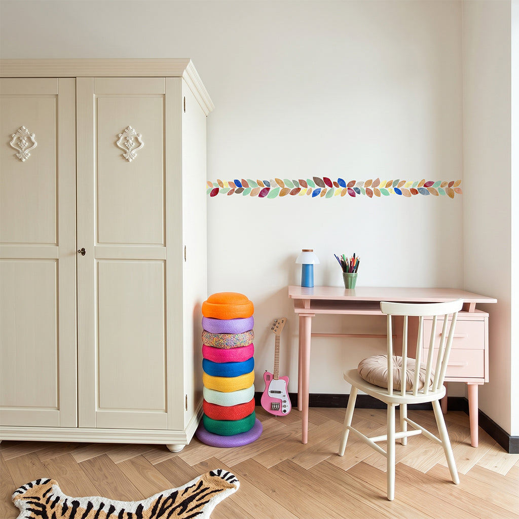 peel and stick wall decal border with leaves for kids. colourful and playful kids interior
