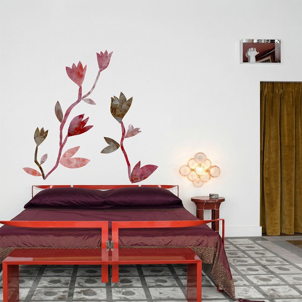 large tulip flower wall stickers in bedroom in deep red, bronze and copper tones. hand painted removable wallpaper.
