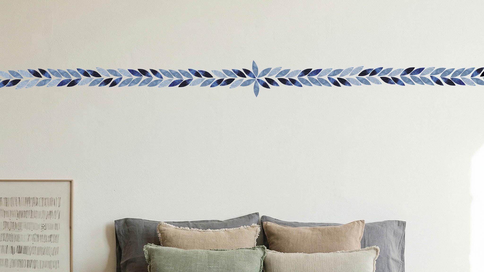modern blue wall decal border in bedroom. peel and stick wallpaper border