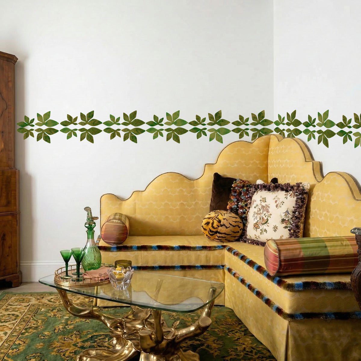 elegant emerald green gold wallpaper border vintage style living room
