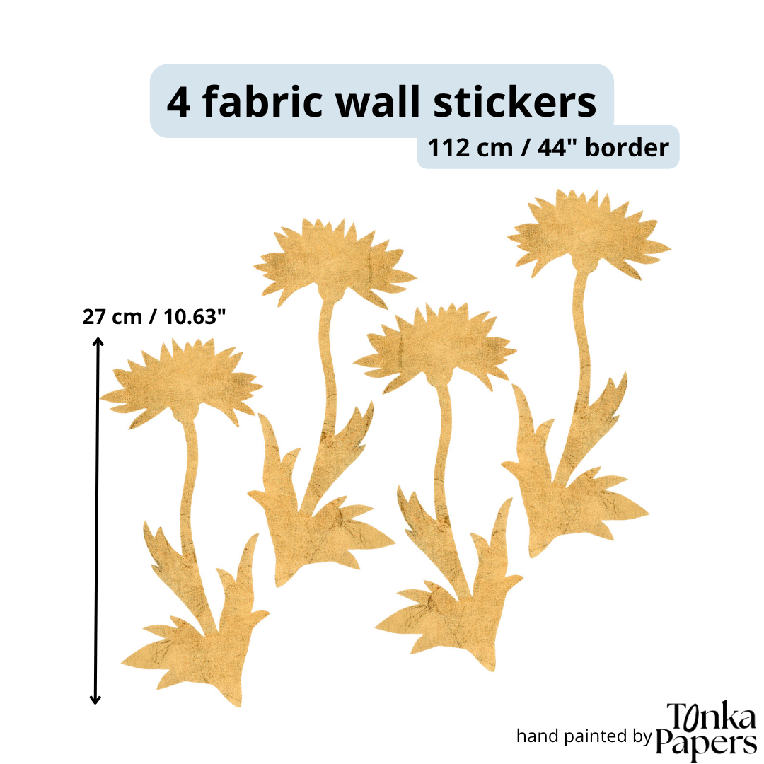 Oversigtsgrafik over sættet: 4 mælkebøtte wall stickers i bladguld, der danner en 112 cm bort, hver blomst ca. 27 cm høj