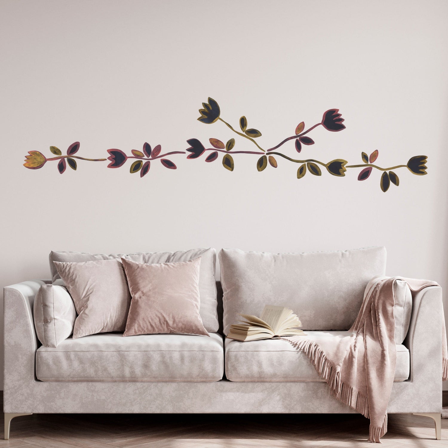 sort og guld blomster wall stickers. håndmalet vægdekoration til stuen