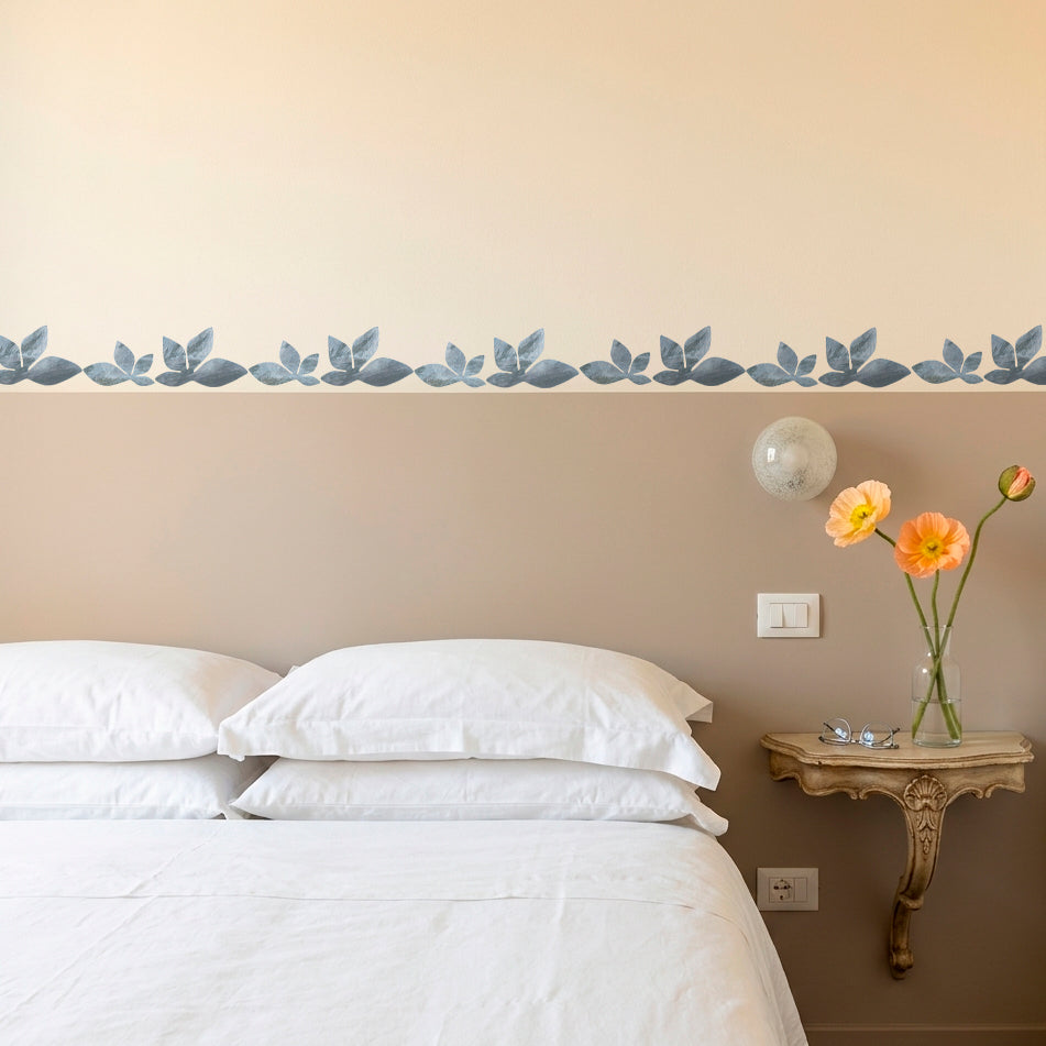 grey gold leaf wallpaper border in bedroom